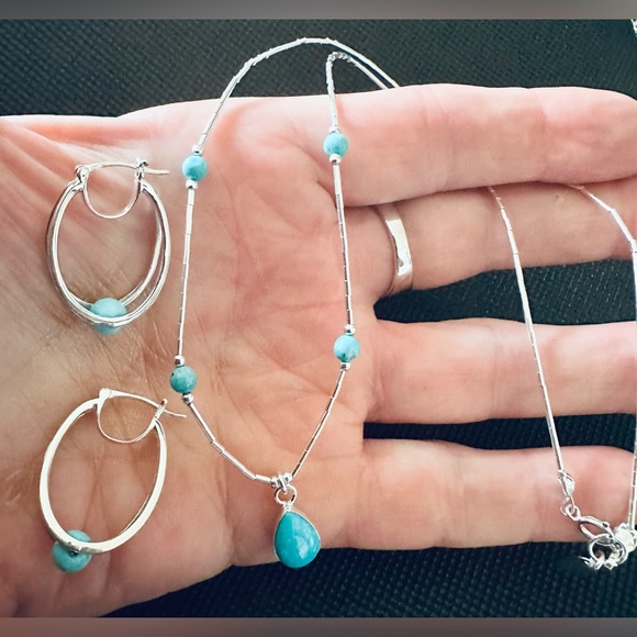 Mojave Turquoise Beaded Liquid Silver Necklace & perfectly matching Earrings NWT - Picture 6 of 14